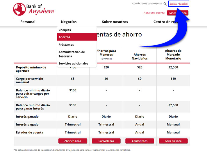 Example of a page in Spanish when logged out